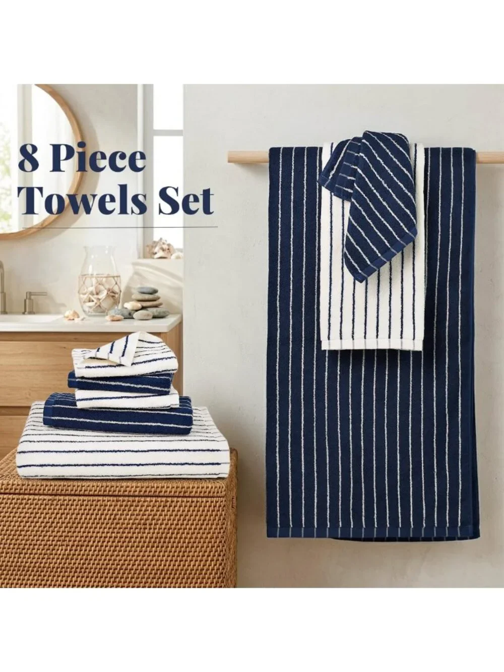 8-Piece Cotton Striped Towel Set in Navy Blue & Ivory - Soft, Absorbent Bath